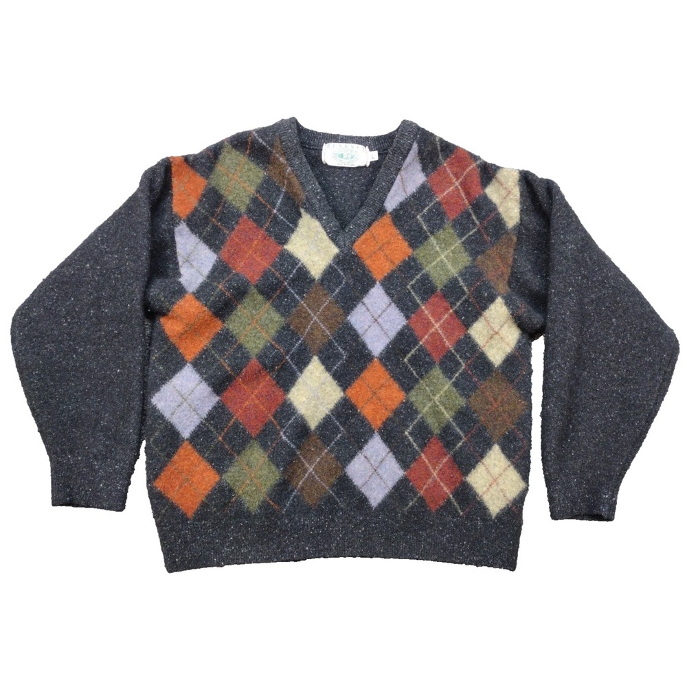 Vintage 80's Blarney Woollen Mills Sweater Hand Knit Argyle In Ireland L Crop